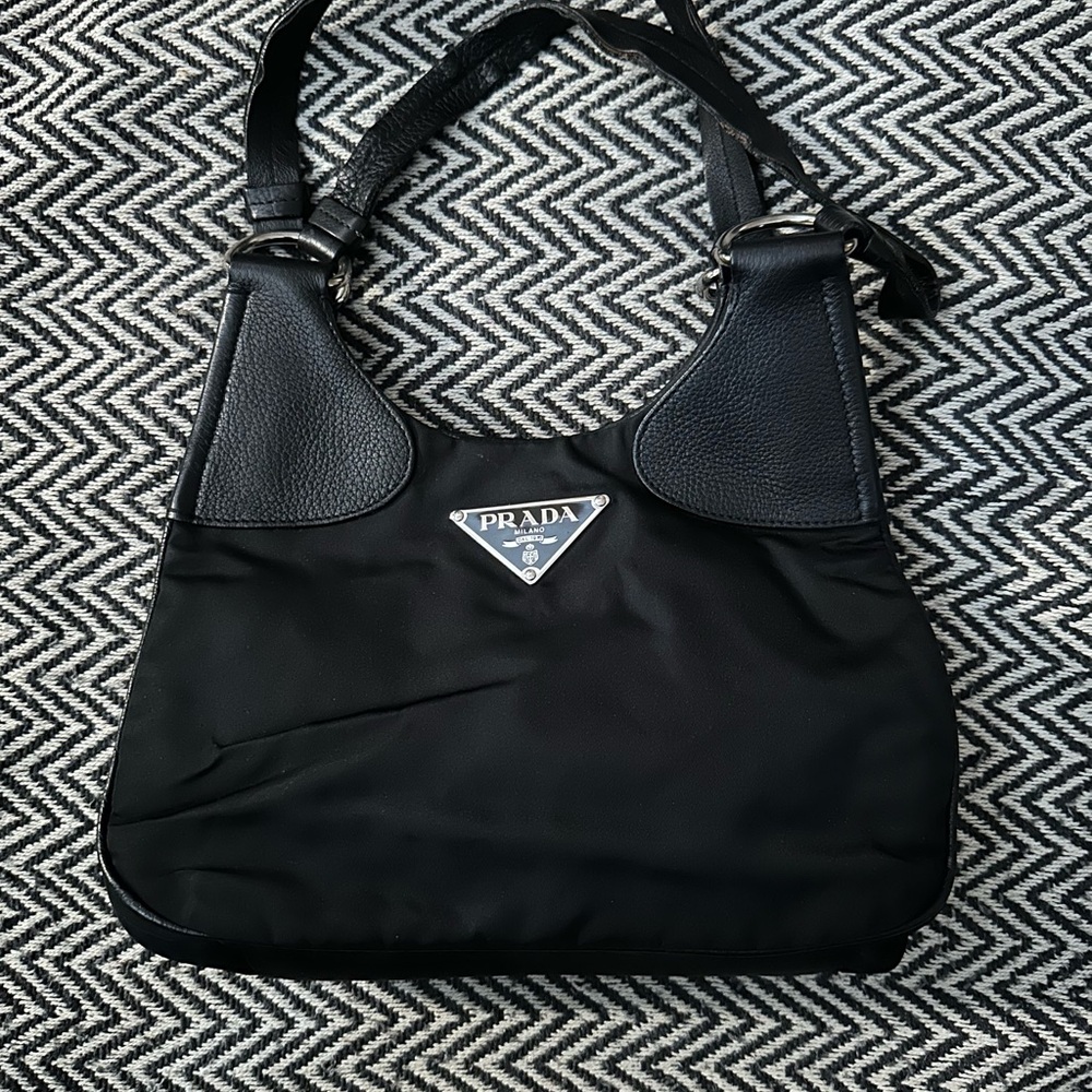 Y2K Prada Black Leather and Nylon Small Shoulder Bag